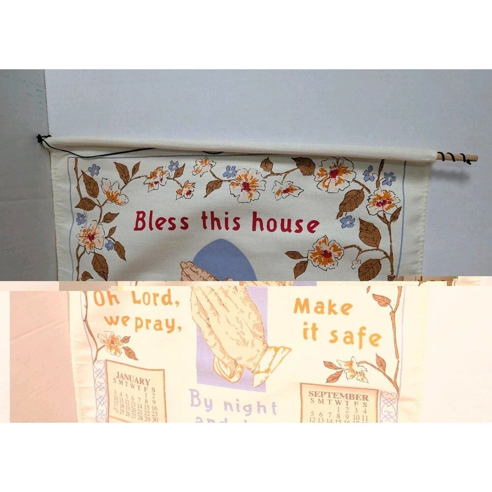 Vintage 1993 Bless This House Calendar Tea Towel Praying Hands Religious Decor